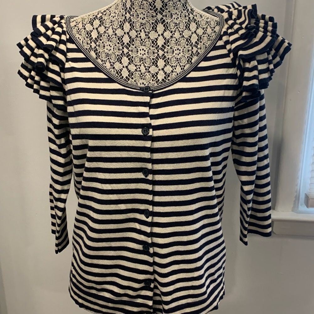 H&M Black and White Puff Sleeve Buttoned Sweater Blouse